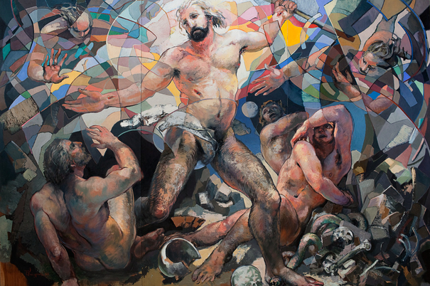Twisting diagonally through the center of the panel, Jesus’ muscular frame is solid, limp, and heavy. His pale skin and dark hair are streaked and matted with blood, a bright stream of which has stained His right side where He was pierced with the spear. Turning to His face, His mouth is open and His eyes are lifeless. As His head falls back, caught between the wood of the beam and His left shoulder, we see the underside of His nose and the bottom edge of His upper teeth. At the top right corner of the picture, His left hand, soaked in scarlet, is still solidly nailed to the rough wood. Behind the body, a bloody white cloth falls down and lays draped over His exposed thigh. At the bottom right, we can see the crown of thorns hanging over the top of an empty ladder. The sponge with which they offered him a drink is raised up on a curved, jointed spike that vaguely resembles the denuded bones of a long finger. The strikingly pale skin of the dead Jesus contrasts starkly with the healthy flesh of the figure on the left. Seen from the back, this person has climbed a ladder and is working, hands and arms overhead. Reaching up beyond the bounds of the panel, he will free Christ’s right hand from the nail