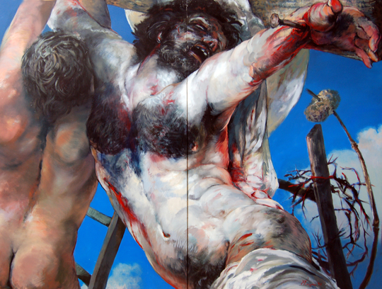 Surrounded by a brilliant blue sky, the crucified Christ is the focus of this large image. He is quite dead, and now His body is being removed from the cross for burial. Closely cropped, the picture presents mostly Christ’s upper body, although His thigh is visible in the lower center.